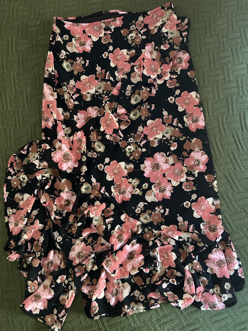 Floral Ruffle Maxi Skirt - Black with Pink Bloom